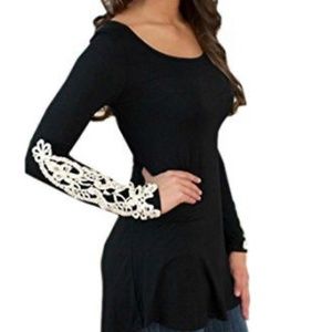 Finejo Black Tunic Top with White Crochet Details on Sleeves, sz L NWOT